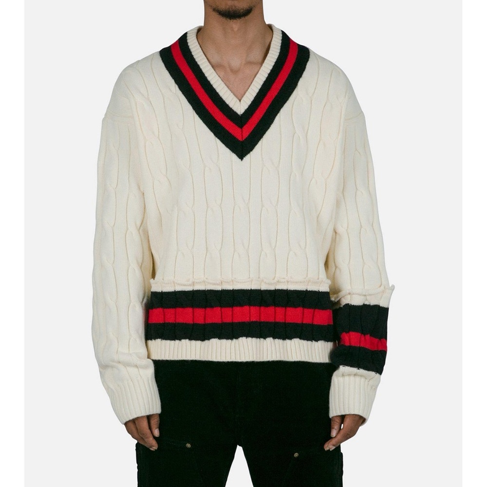 MNML Cream V-Neck Sweater with Red and Black Accents